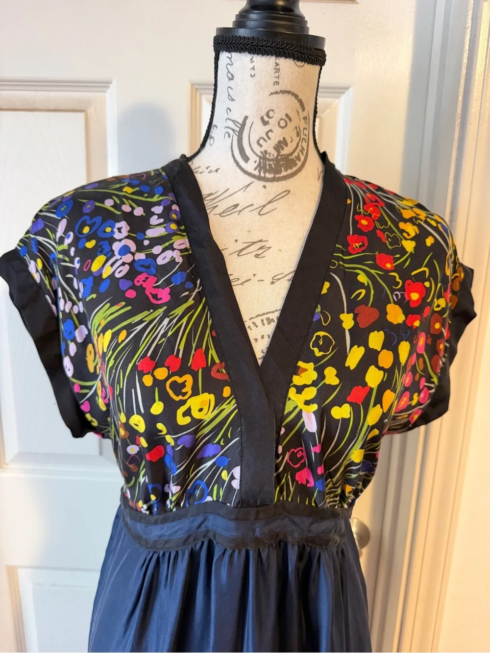Anthropologie Navy Embroidered Midi Dress with Multicolor Floral Detail